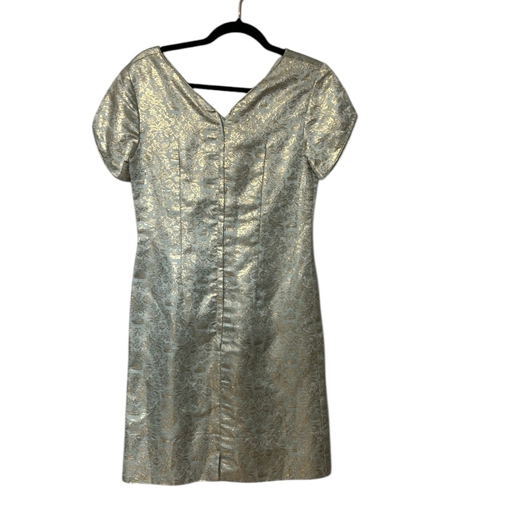 Vintage 1960s Marie Von Vehm Silver Brocade Cocktail Dress w/ Rose Detail Small - Picture 4 of 6